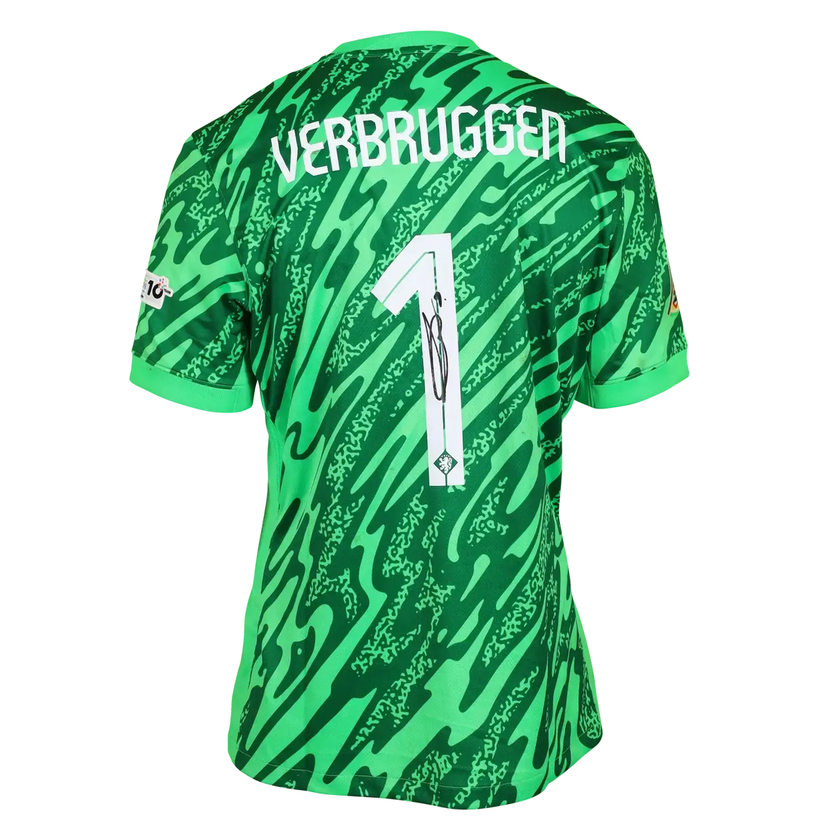 Back view featuring Verbruggen, No. 1, and a visible signature on the green design.