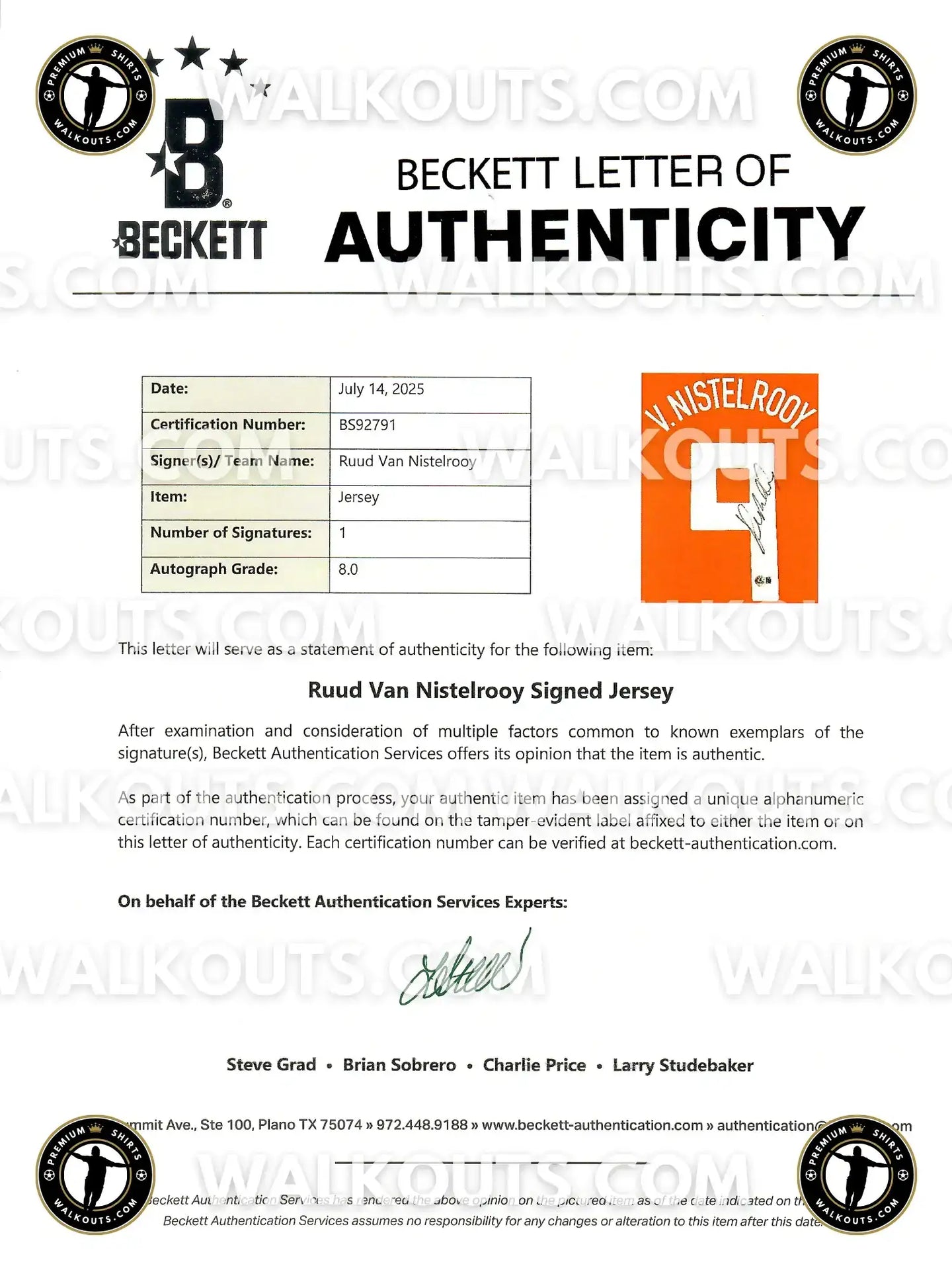 Beckett letter of authenticity for Ruud Van Nistelrooij signed football shirt, featuring signature and details.