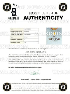 Beckett Letter of Authenticity for a Juan Alvarez signed jersey with Etihad Airways logo.