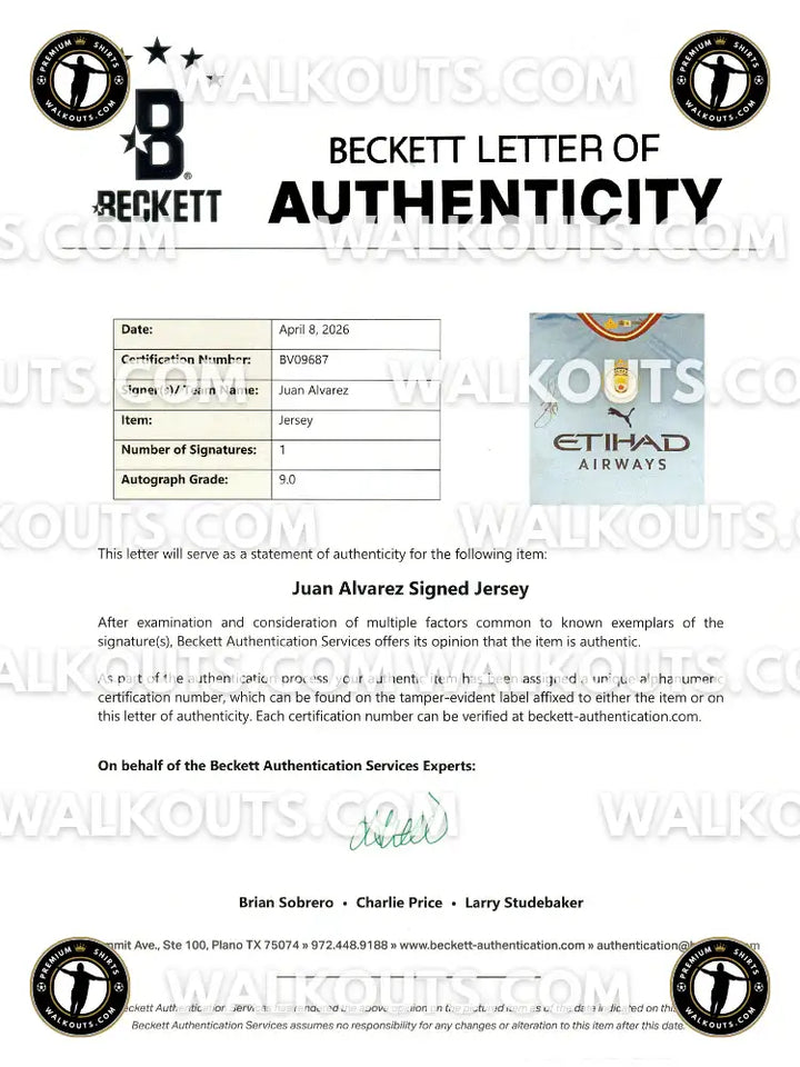 Beckett Letter of Authenticity for a Juan Alvarez signed shirt with Etihad Airways logo.