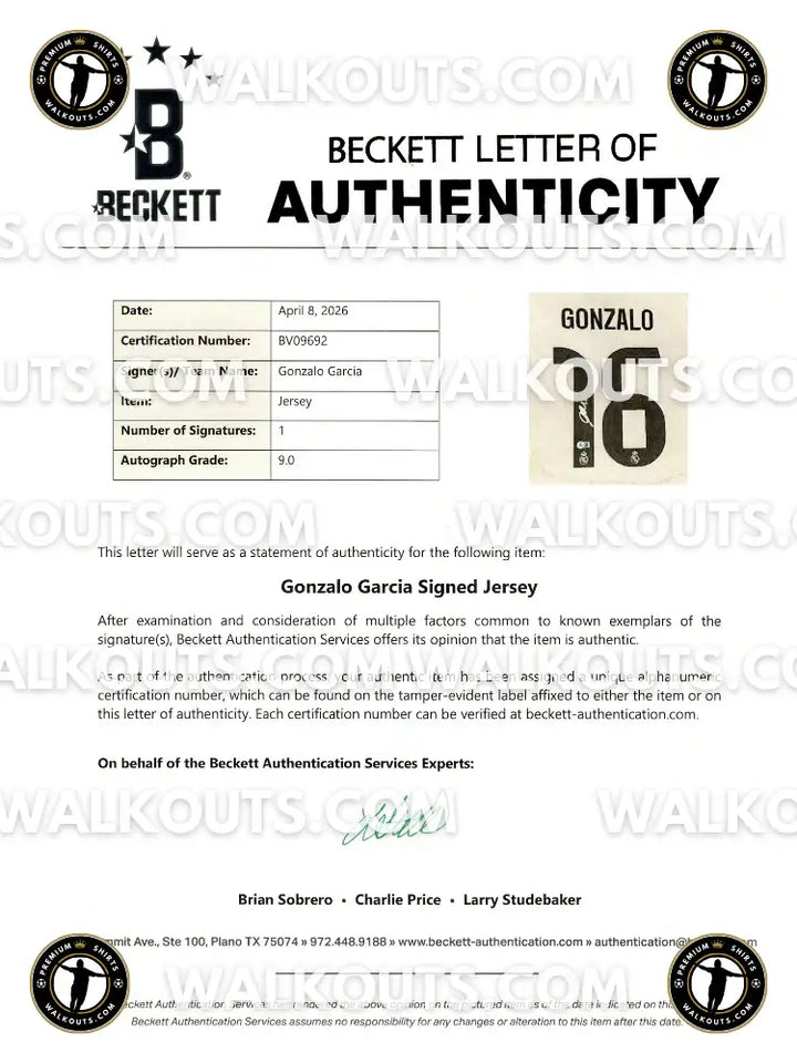 Beckett letter of authenticity for Gonzalo Garcia with signature and certification number BV09692.