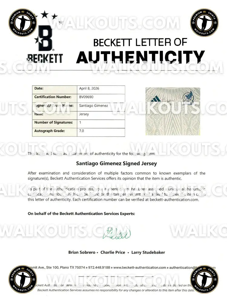 Beckett Letter of Authenticity for a Santiago Gimenez signed jersey with certification details.