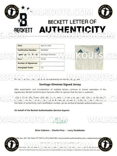 Beckett Letter of Authenticity for a Santiago Gimenez signed jersey with certification details.