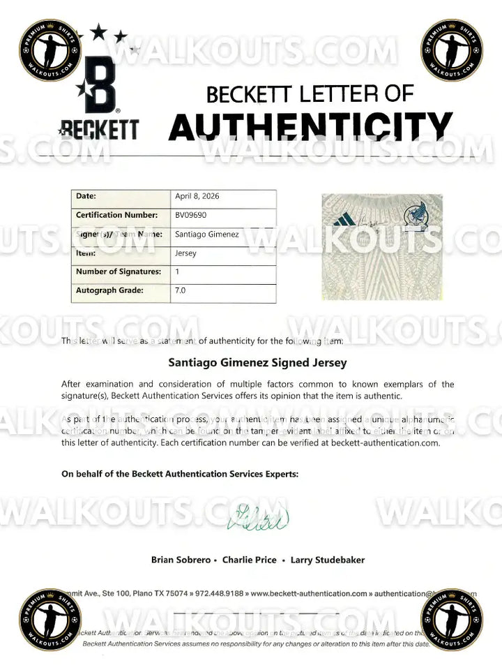 Beckett Letter of Authenticity for a Santiago Gimenez signed jersey with certification details.