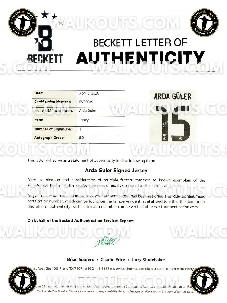 Beckett Letter of Authenticity for Arda Güler Signed Jersey, showing signature and details.