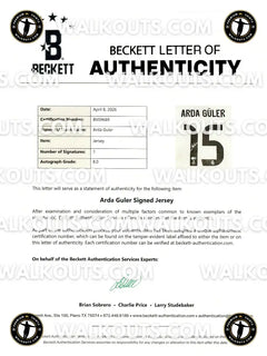 Beckett Letter of Authenticity for Arda Güler Signed Jersey, showing signature and details.