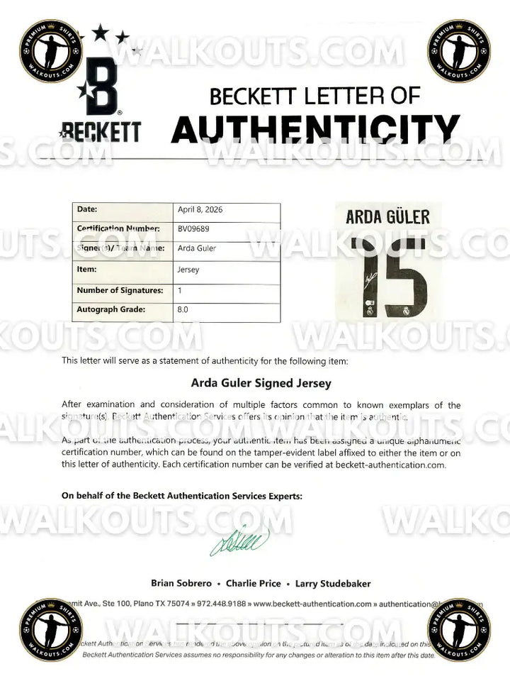 Beckett Letter of Authenticity for Arda Güler Signed Jersey, showing signature and details.