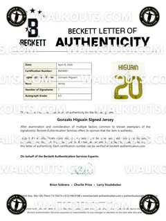 Beckett Letter of Authenticity for a Gonzalo Higuain signed jersey