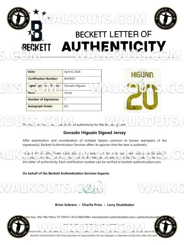 Beckett Letter of Authenticity for a Gonzalo Higuain signed shirt