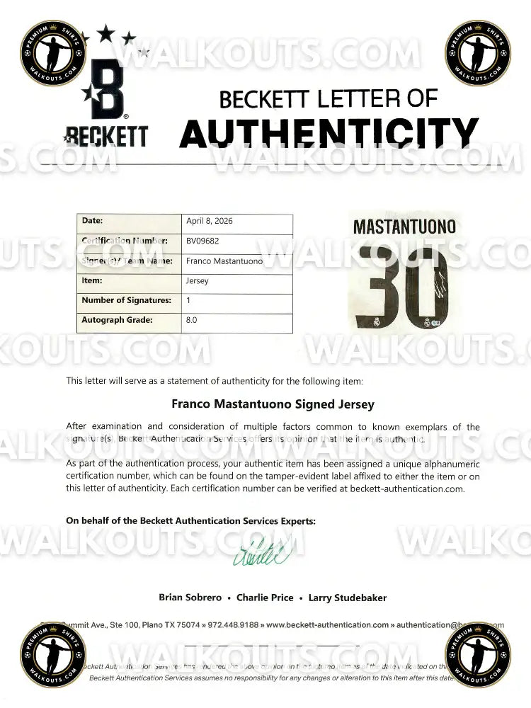 Beckett Letter of Authenticity for Franco Mastantuono, cert. No. BV09682, Autograph Grade 8.