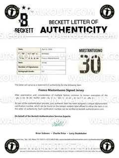 Beckett Letter of Authenticity for Franco Mastantuono, cert. No. BV09682, Autograph Grade 8.