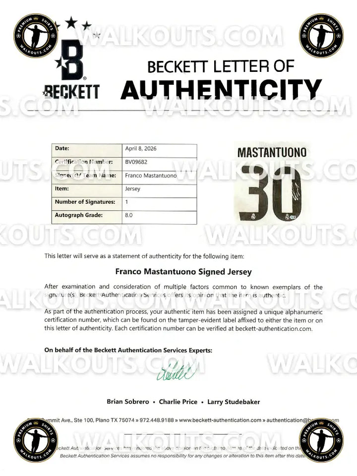 Beckett Letter of Authenticity for Franco Mastantuono, cert. No. BV09682, Autograph Grade 8.