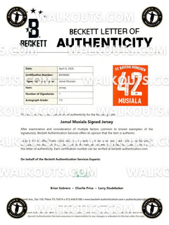 Beckett Letter of Authenticity for a Jamal Musiala signed jersey with FC Bayern Munich logo.