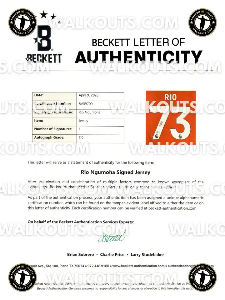 Beckett Letter of Authenticity for Rio Ngumoha Signed Jersey, cert. BV09709, autograph grade 7.0.