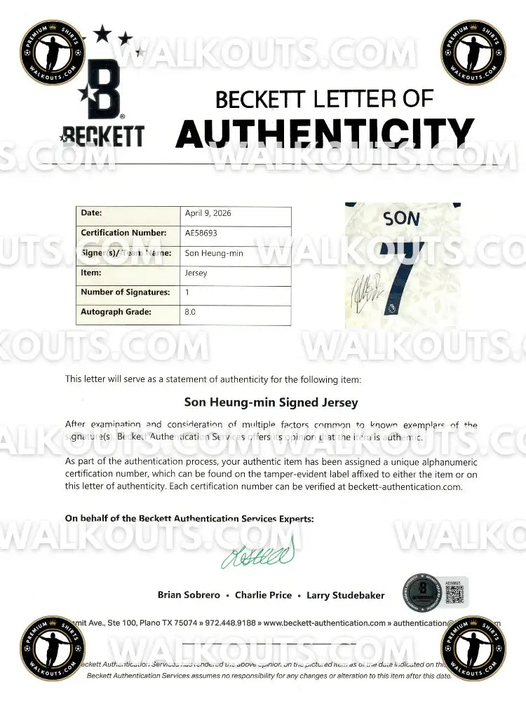 Beckett Letter of Authenticity for a Son Heung-min signed jersey