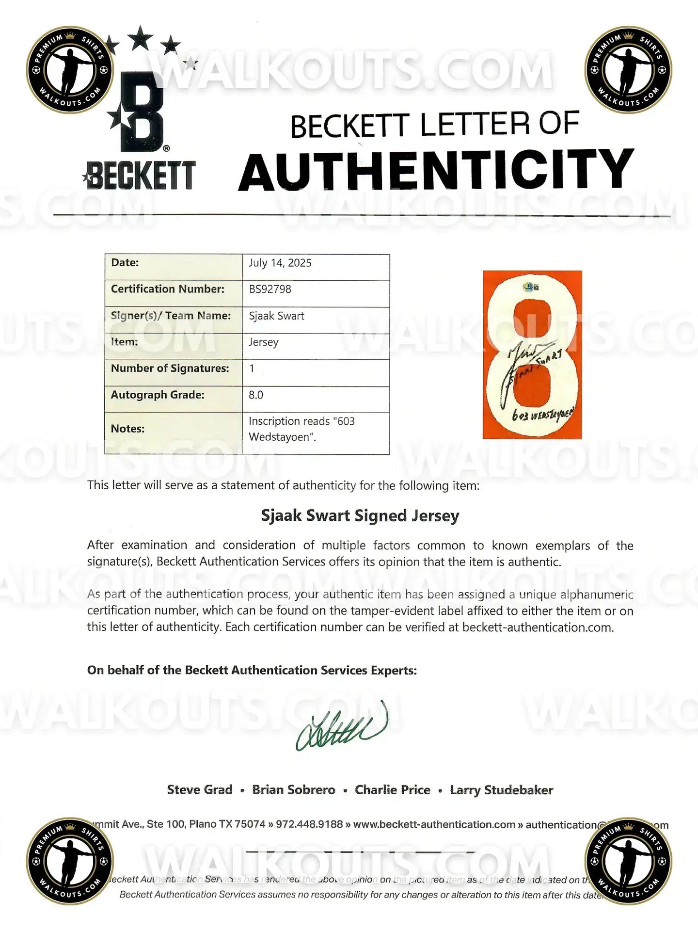 Beckett Letter of Authenticity with Sjaak Swart signature and inscription '603 Wedstayoen'.
