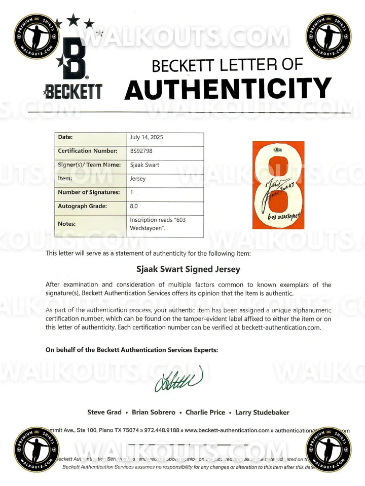 Beckett Letter of Authenticity with Sjaak Swart signature and inscription &