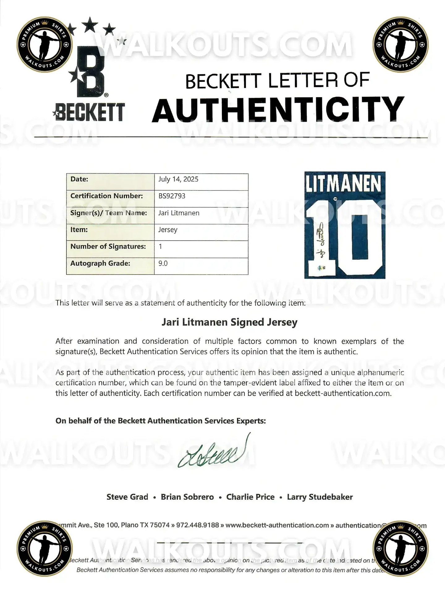 Beckett Letter of Authenticity for Jari Litmanen signed soccer jersey, featuring certification details and signature.