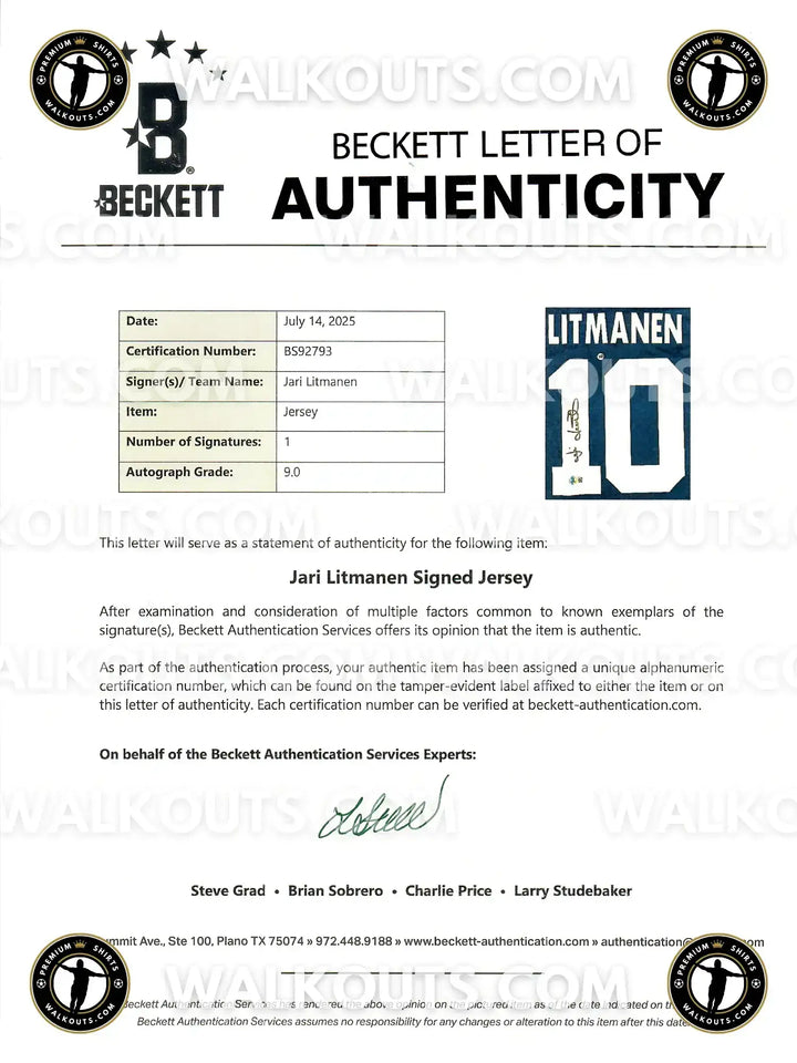 Beckett Letter of Authenticity for Jari Litmanen signed football shirt, featuring certification details and signature.