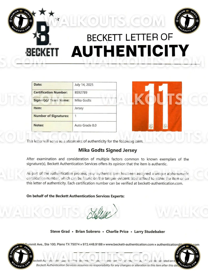 Beckett Letter of Authenticity for Mika Godts signed shirt displaying No. 11 and certification details.