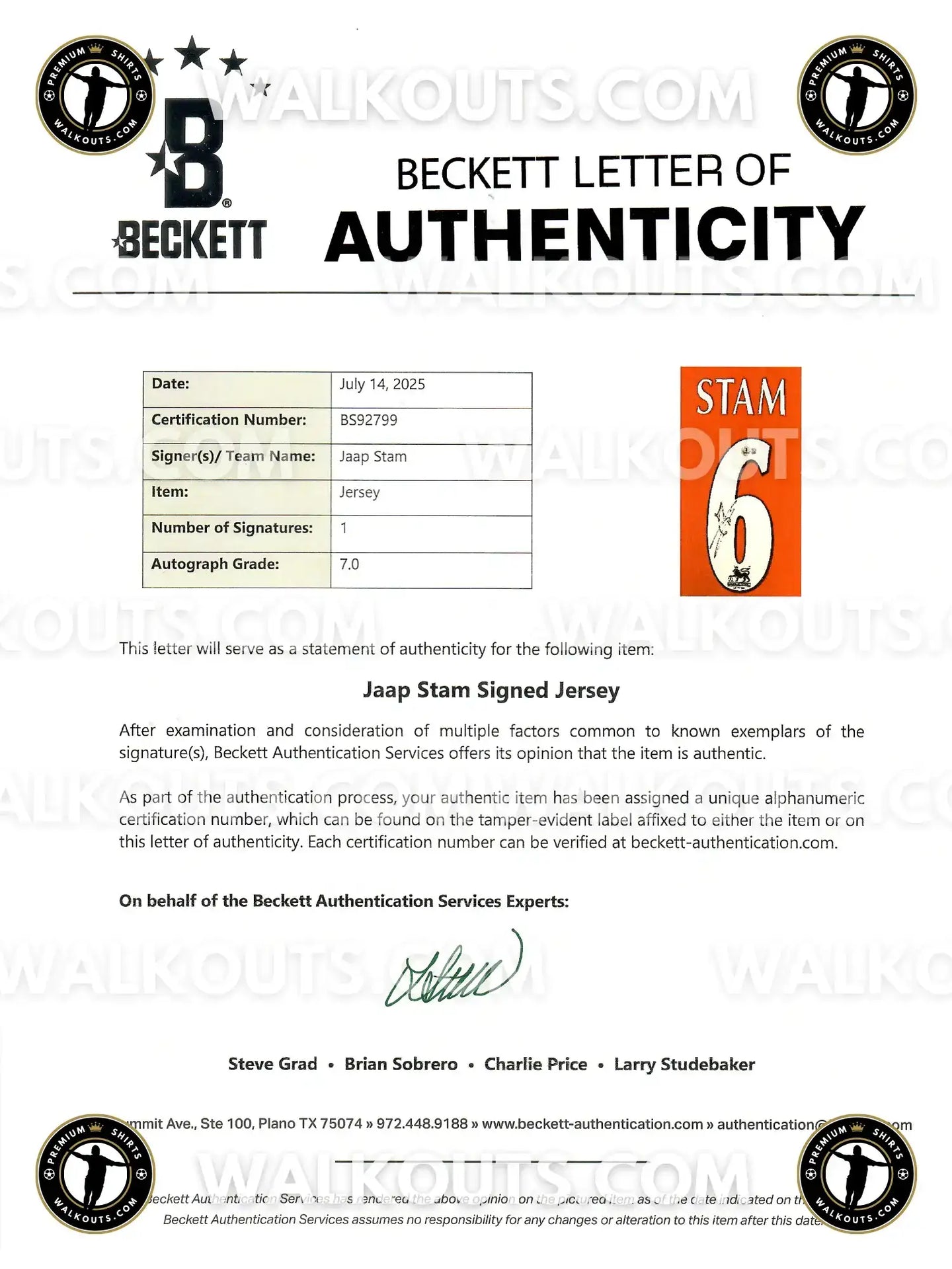 Beckett Letter of Authenticity for Jaap Stam signed jersey, showing No. 6 and certification details.
