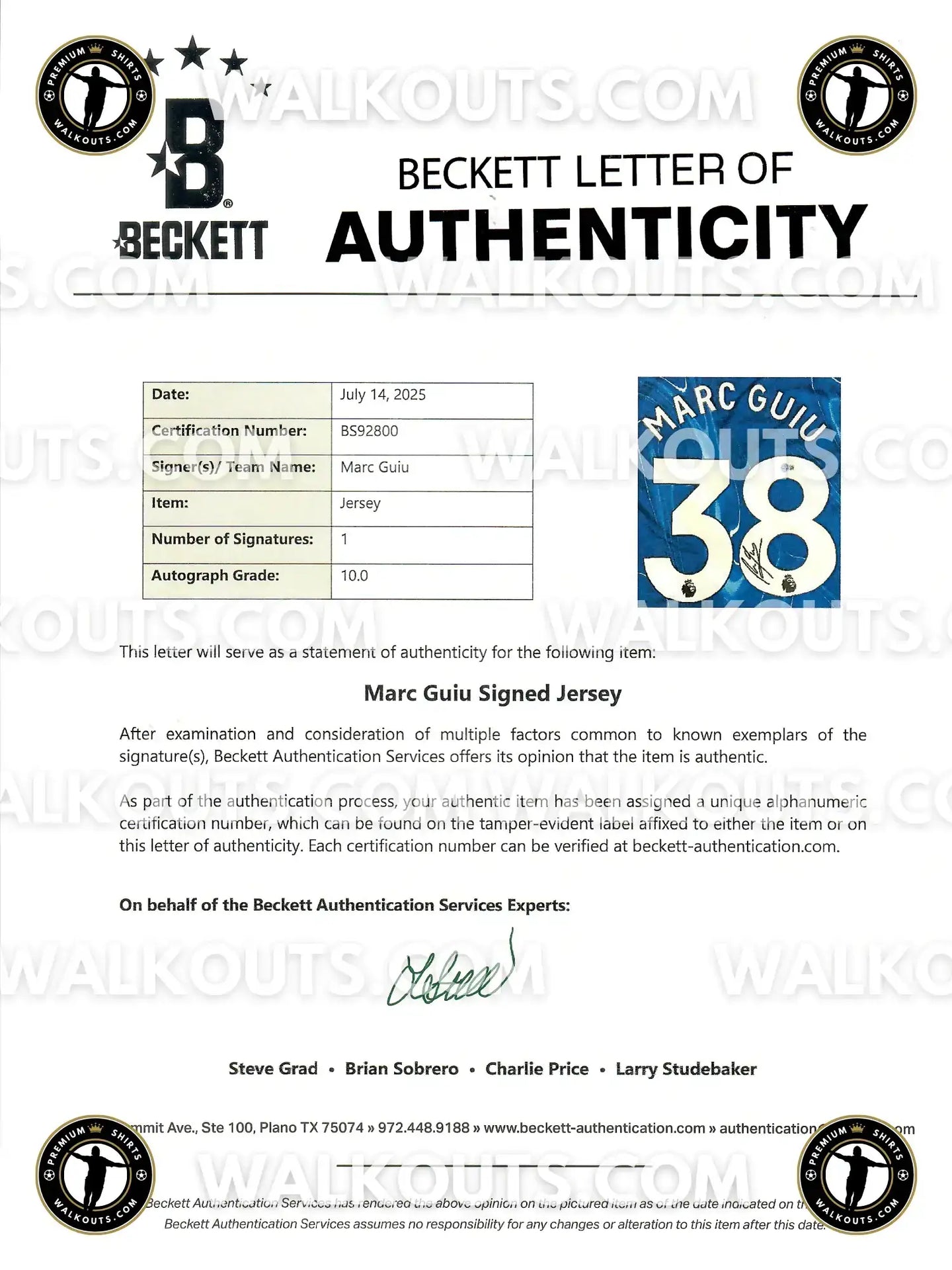 Beckett Letter of Authenticity for Marc Guiu Signed Jersey, displaying name and No. 38.