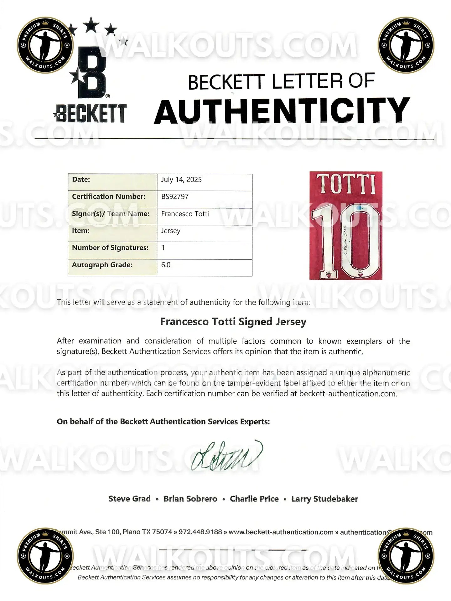 Beckett letter of authenticity for Francesco Totti signed jersey with signature and certification details.
