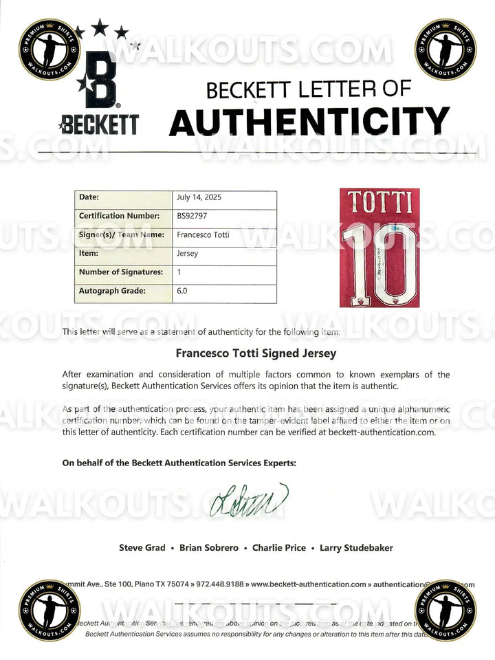 Beckett letter of authenticity for Francesco Totti signed jersey with signature and certification details.