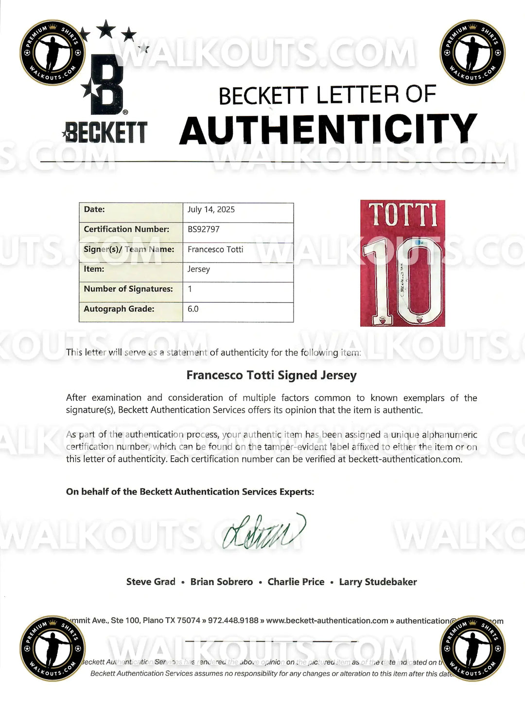 Francesco Totti 10 Roma - Signed Match Issued Shirt | Only 1 of 2 SPQR Match Shirts Made
