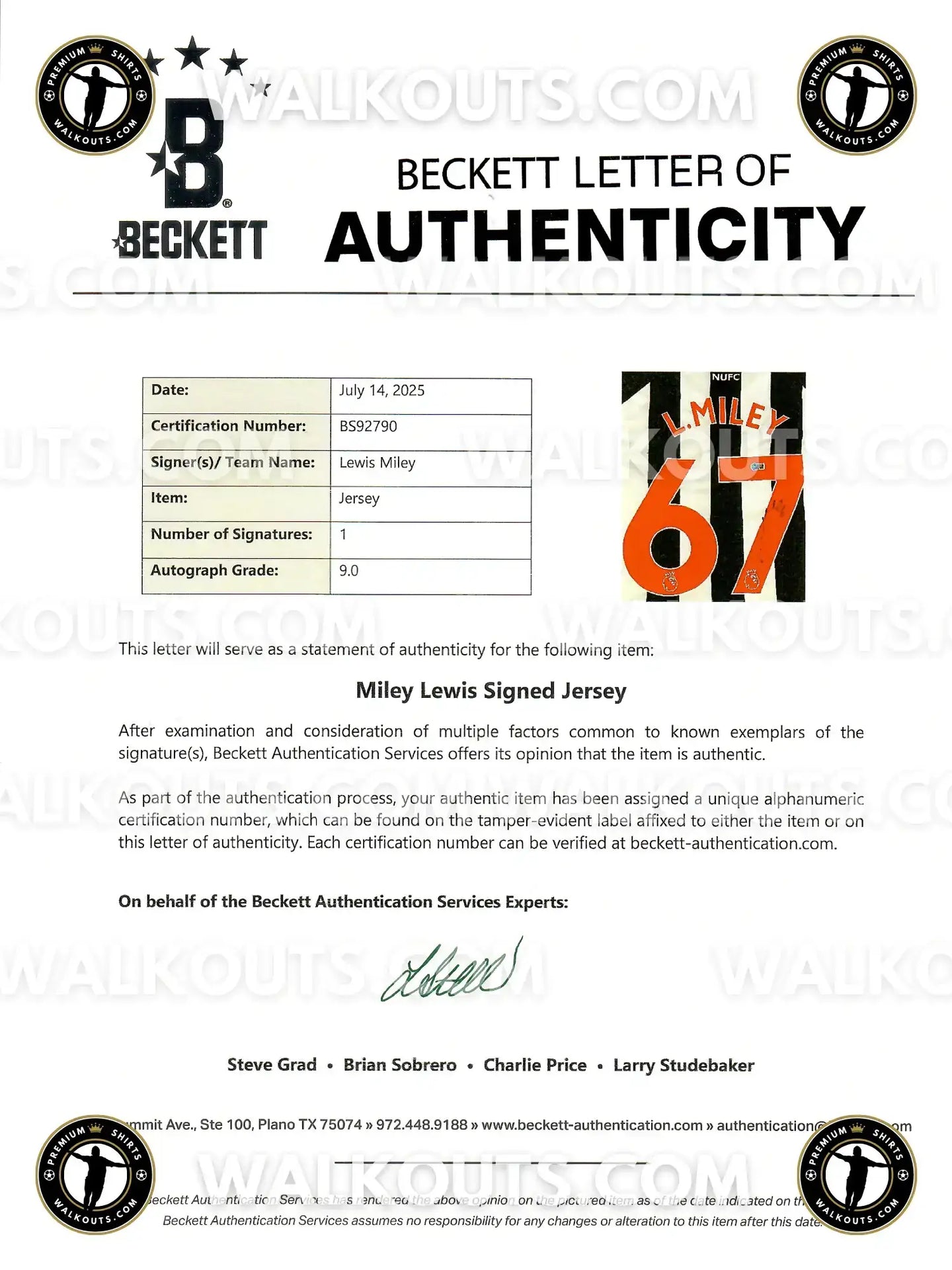 Beckett authenticity letter for Lewis Miley signed football shirt with No. 67 and certification details.