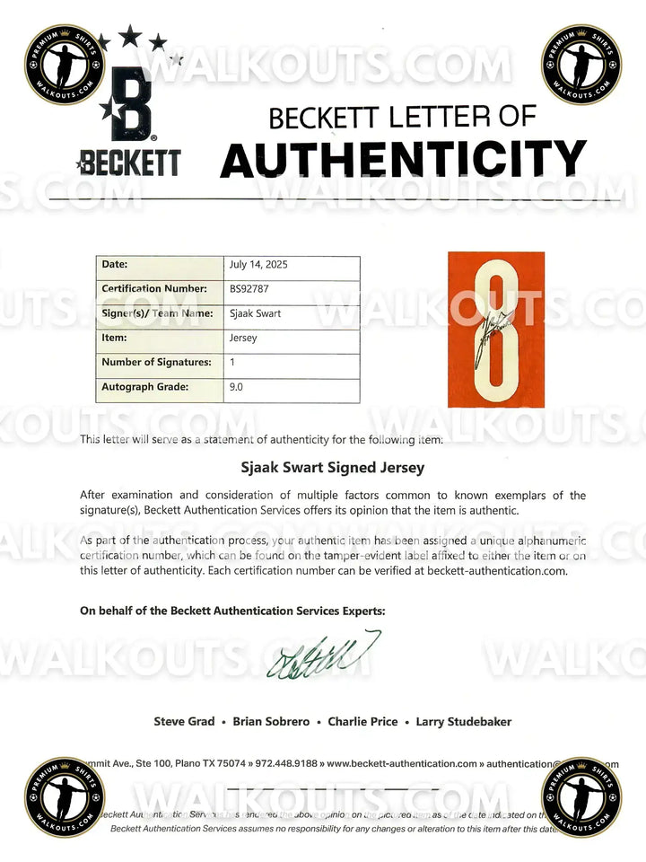 Beckett Letter of Authenticity for Sjaak Swart signed shirt, certification No. BS92787, showing No. 8.