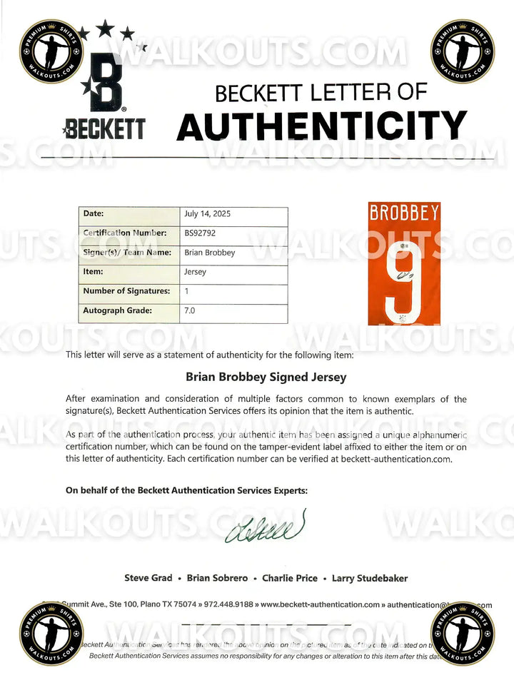 Beckett Letter of Authenticity for Brian Brobbey, item Shirt, signature confirmed with grade 7.0.