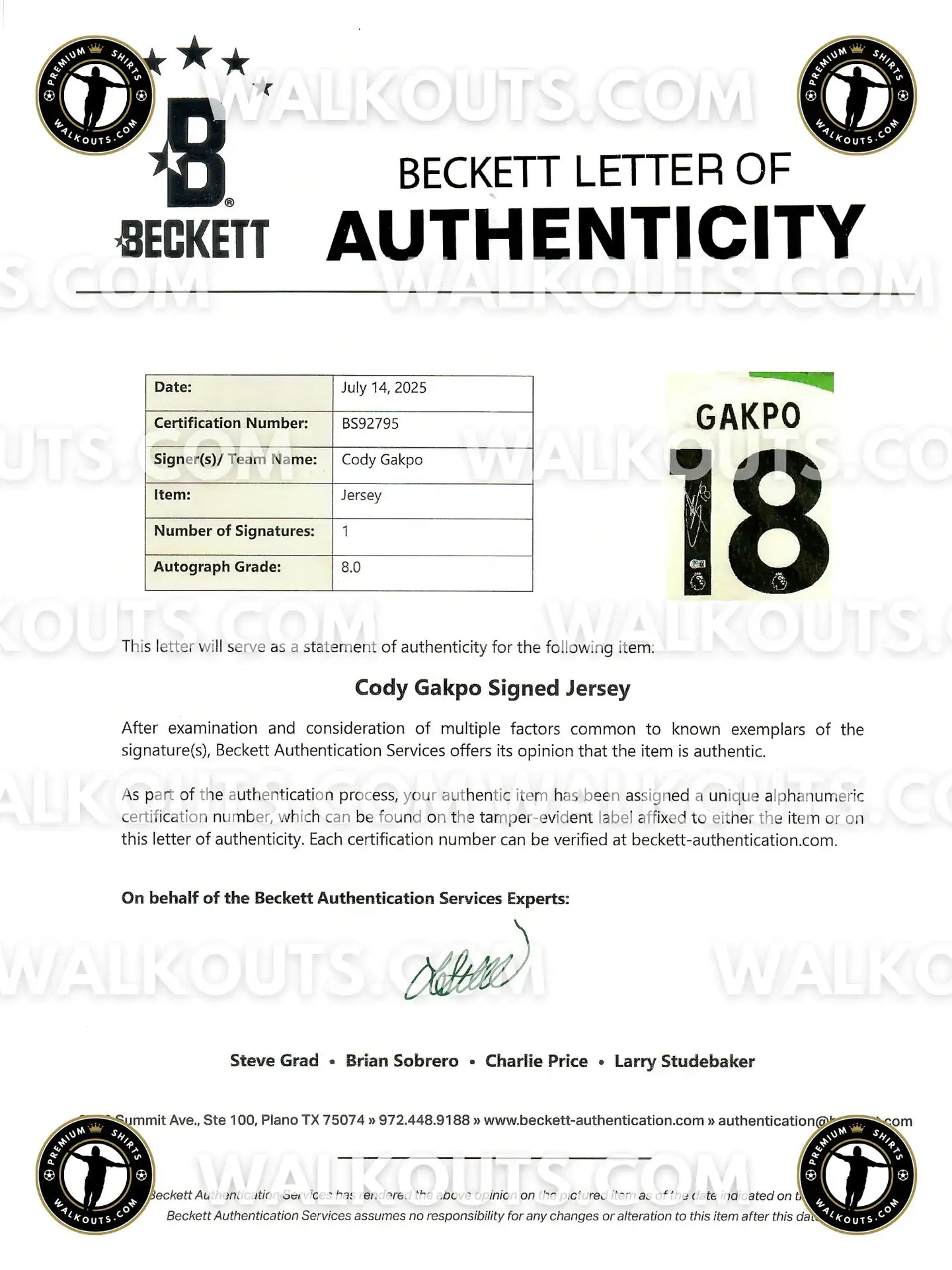 Beckett Letter of Authenticity for Cody Gakpo Signed Jersey with No. 18 and a single signature.