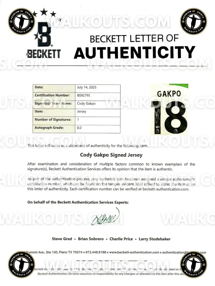 Beckett Letter of Authenticity for Cody Gakpo Signed Shirt with No. 18 and a single signature.