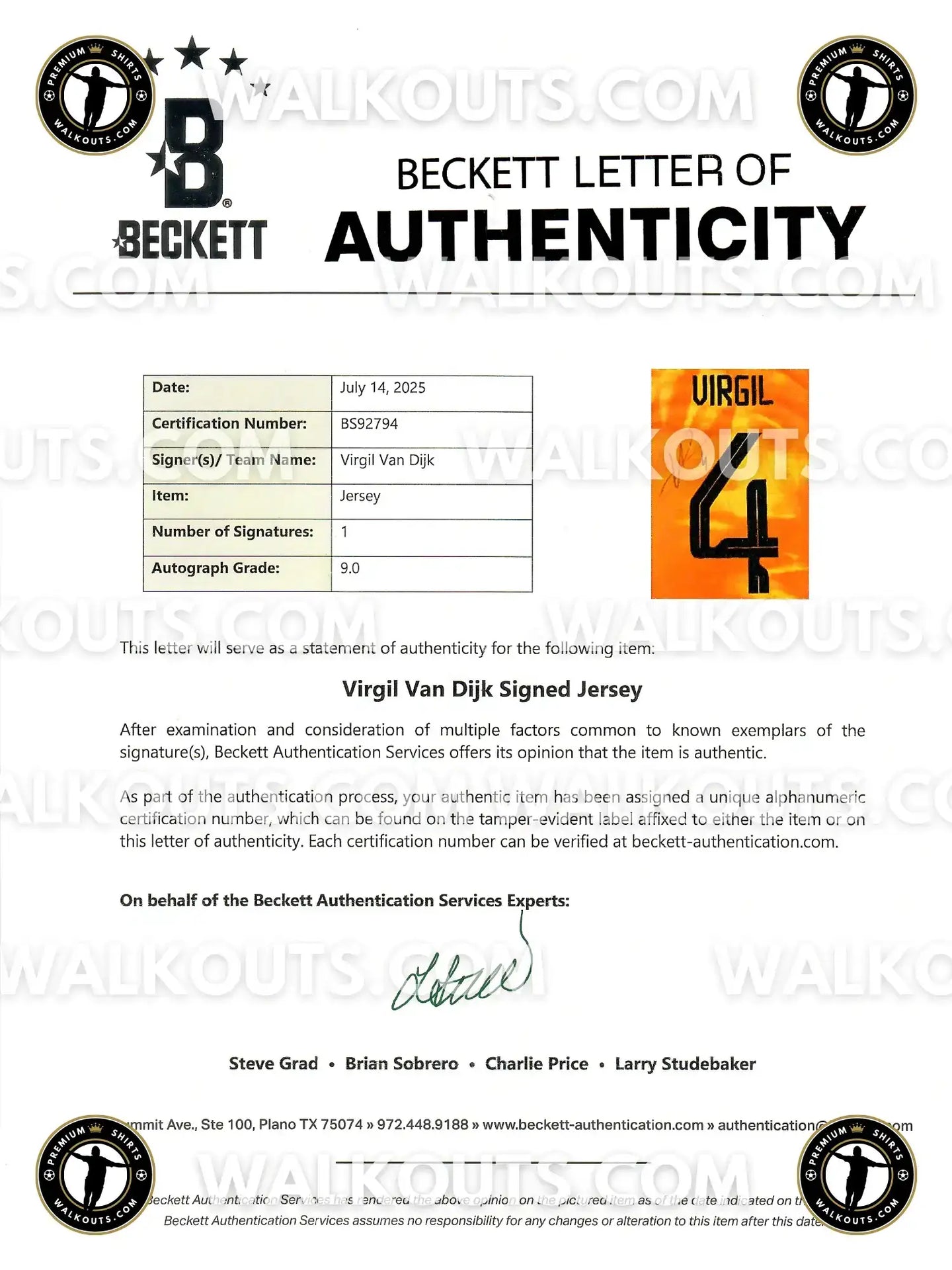 Beckett Letter of Authenticity with certification number BS92794 for Virgil Van Dijk signed jersey.