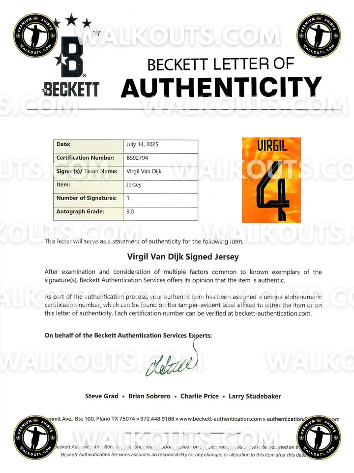 Beckett Letter of Authenticity with certification number BS92794 for Virgil Van Dijk signed jersey.