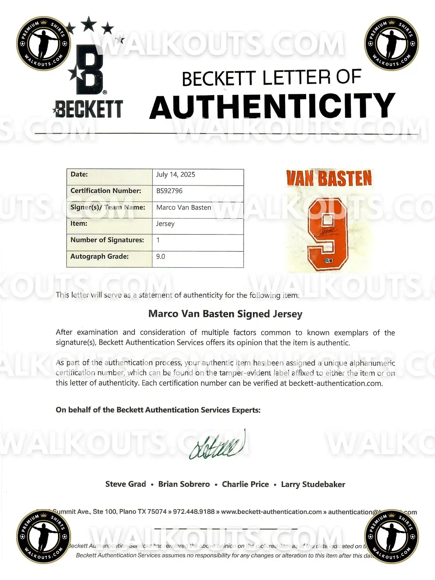 Signed Marco Van Basten jersey featuring the name 'VAN BASTEN' and the number '9'.