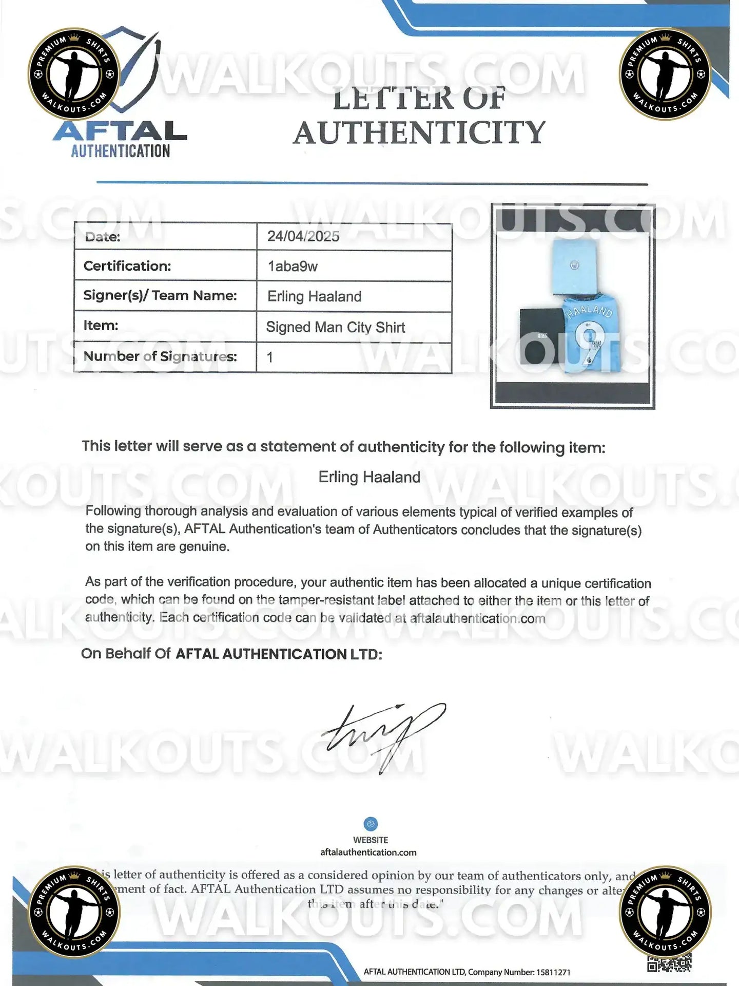 Front view of Erling Haaland No. 9 Manchester City signed football shirt with blue color.