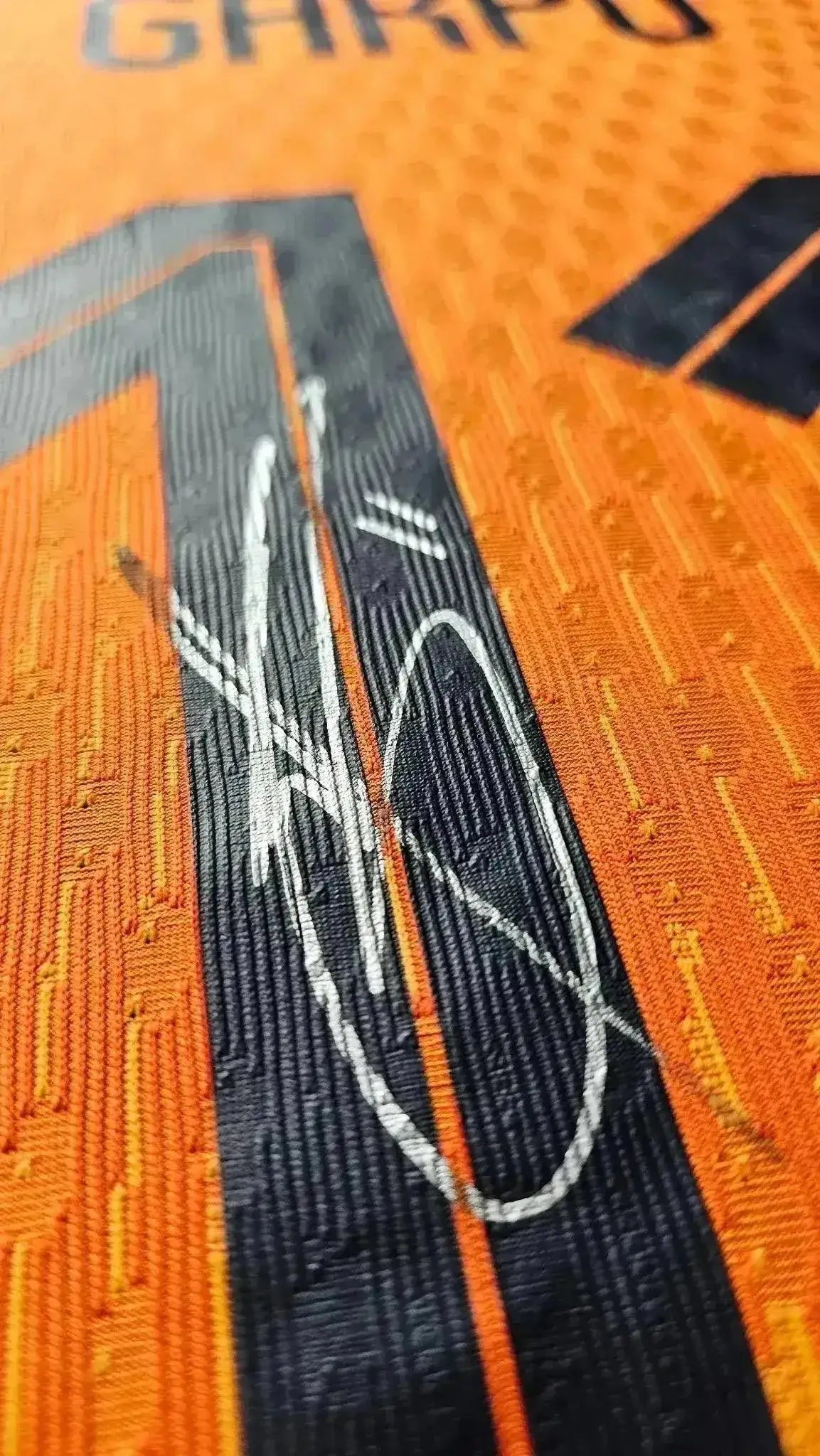 Close-up showing No. 11 and Cody Gakpo's signature on an orange football shirt.