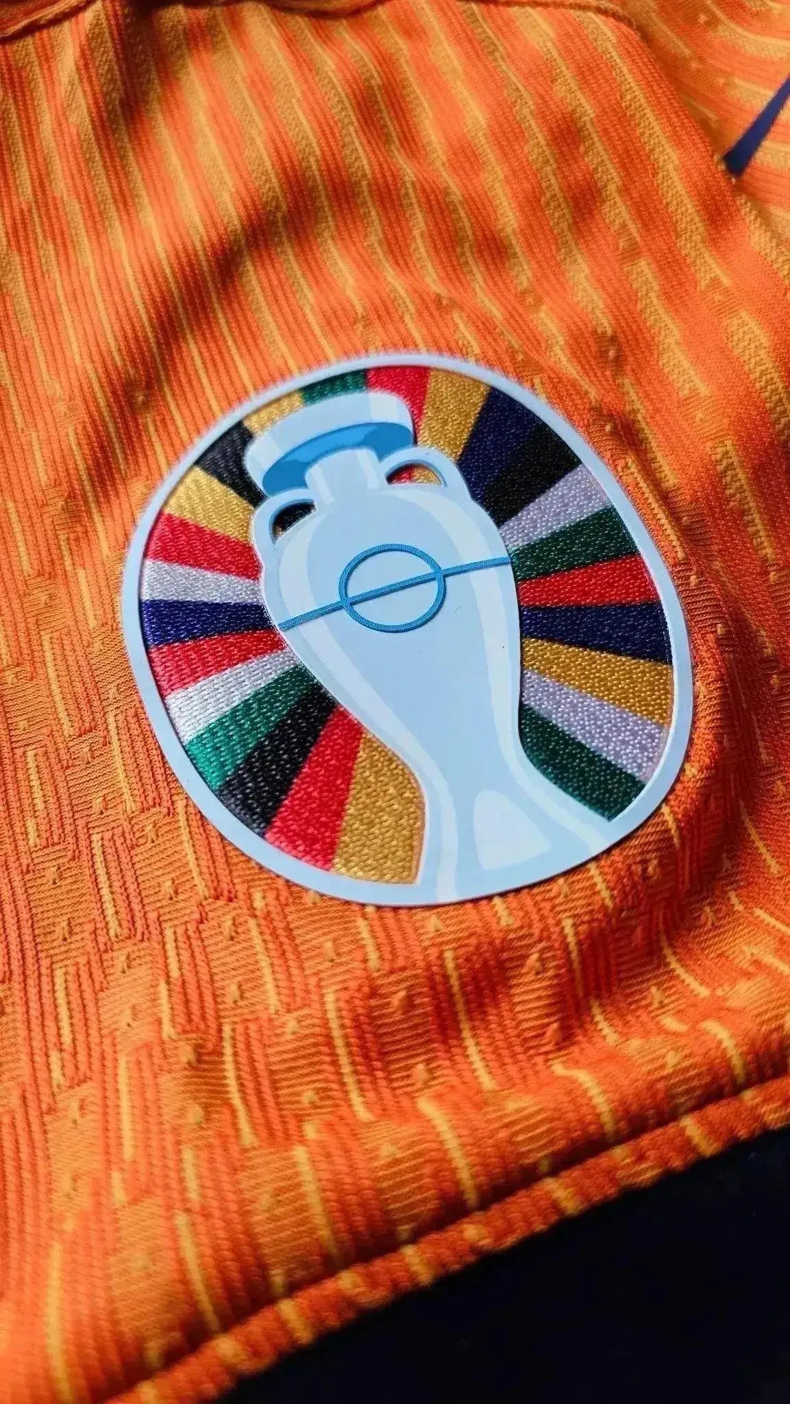 Close-up of the crest featuring a trophy design with vibrant colors on an orange background.