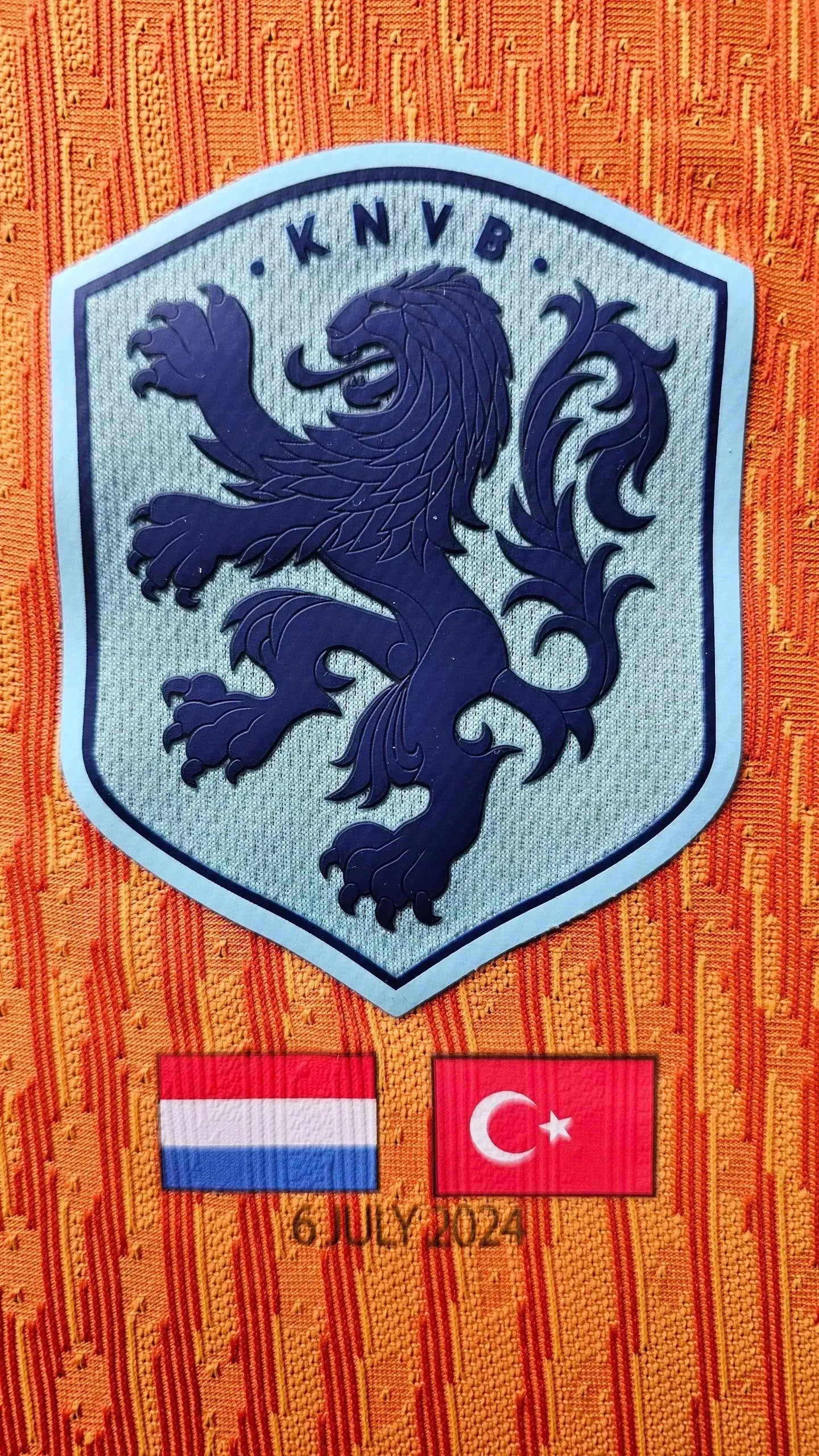 Crest detail showing KNVB logo, flags of Netherlands and Turkey, and date 6 July 2024.