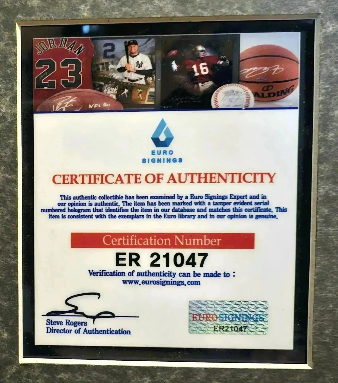 Certificate of Authenticity featuring ER 21047 and a signature from Steve Rogers.