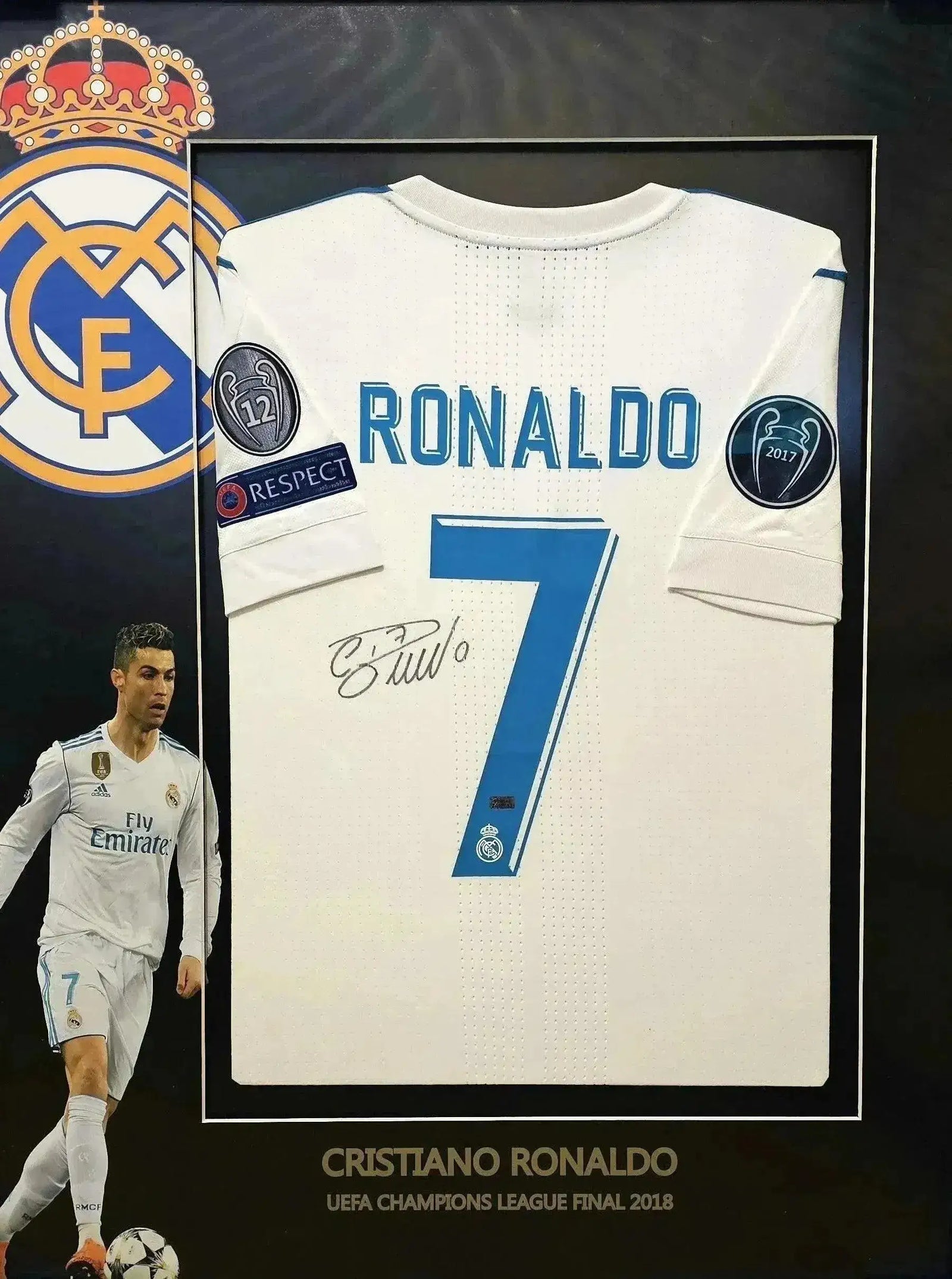 Back view of signed soccer jersey featuring Ronaldo, No. 7, with UEFA Champions League patches.