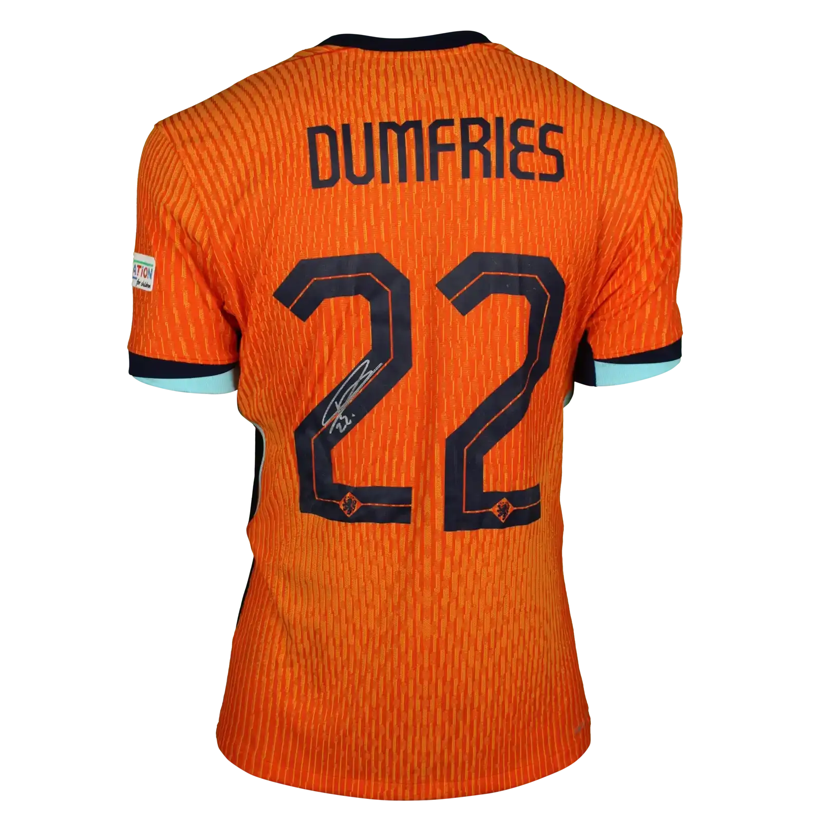 Back view showing Dumfries, No. 22, and a signature in black on an orange football shirt.