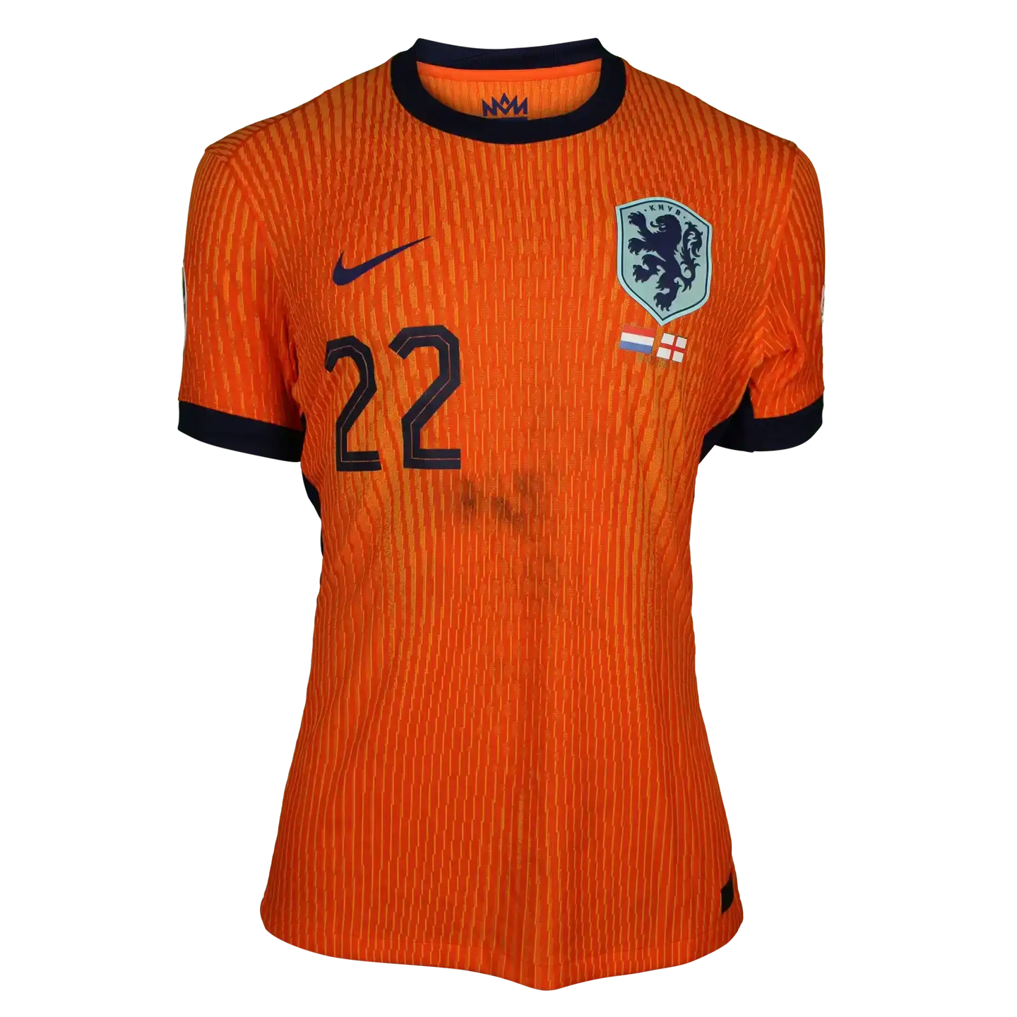 Front view of signed Denzel Dumfries Holland football shirt, features No. 22 and crest.