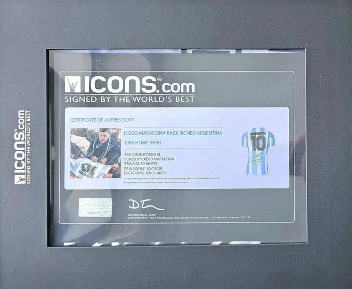 Certificate of Authenticity detailing Diego Maradona 10 back signed Argentina 1986 home shirt.