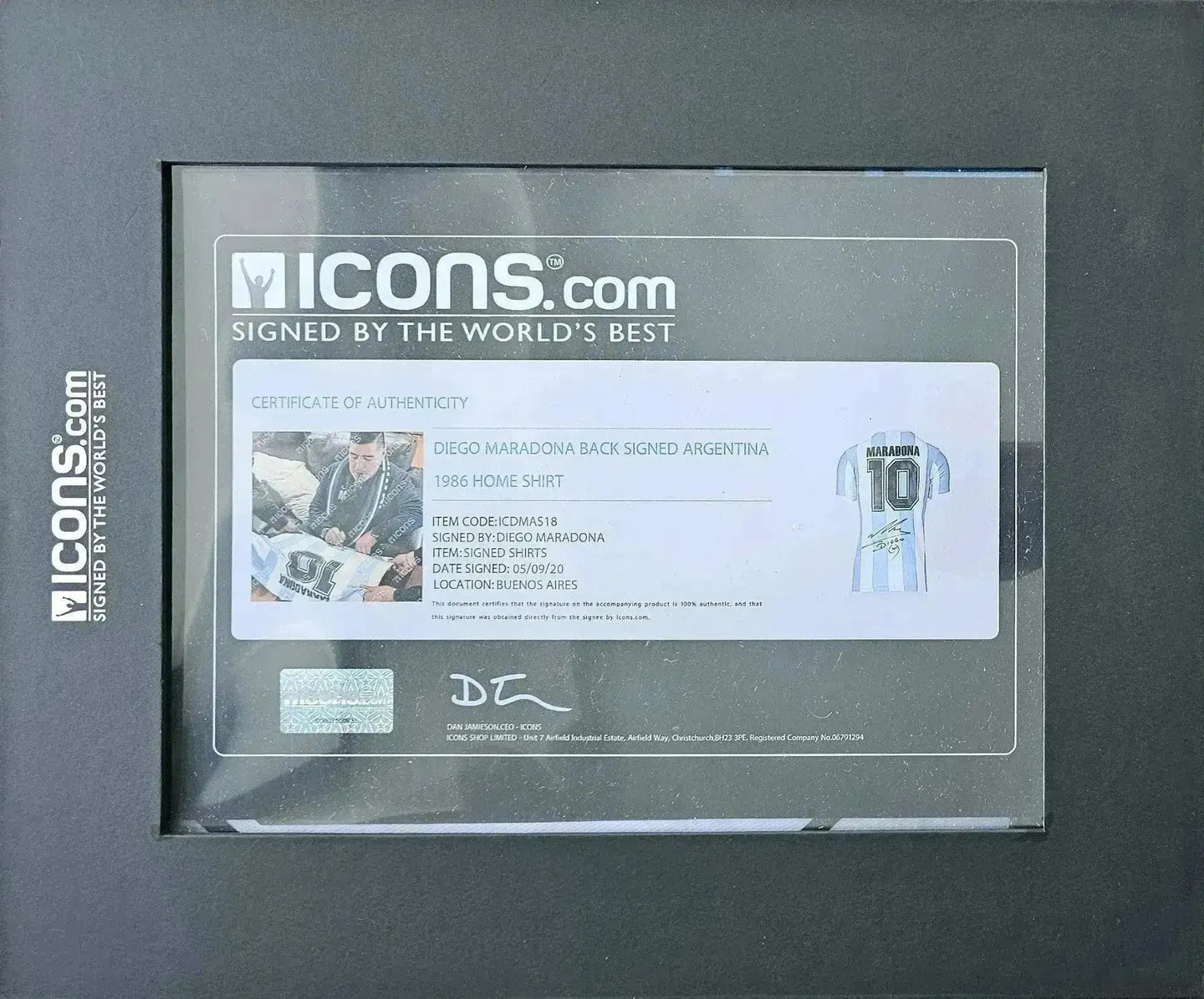 Certificate of authenticity for Diego Maradona signed Argentina 1986 home shirt with signature detail.