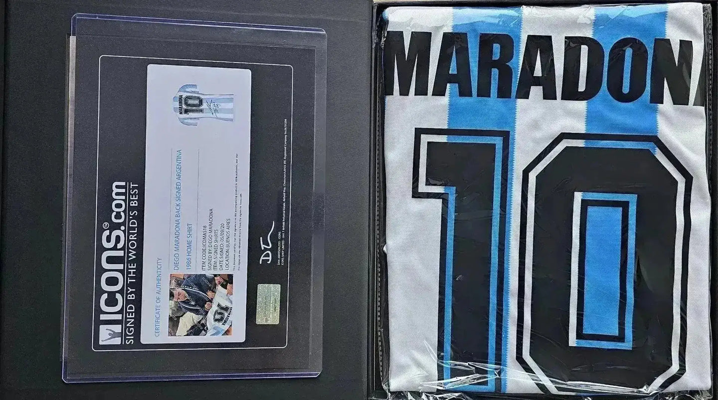 Diego Maradona No. 10 jersey displayed with a certificate of authenticity from ICONS.com.