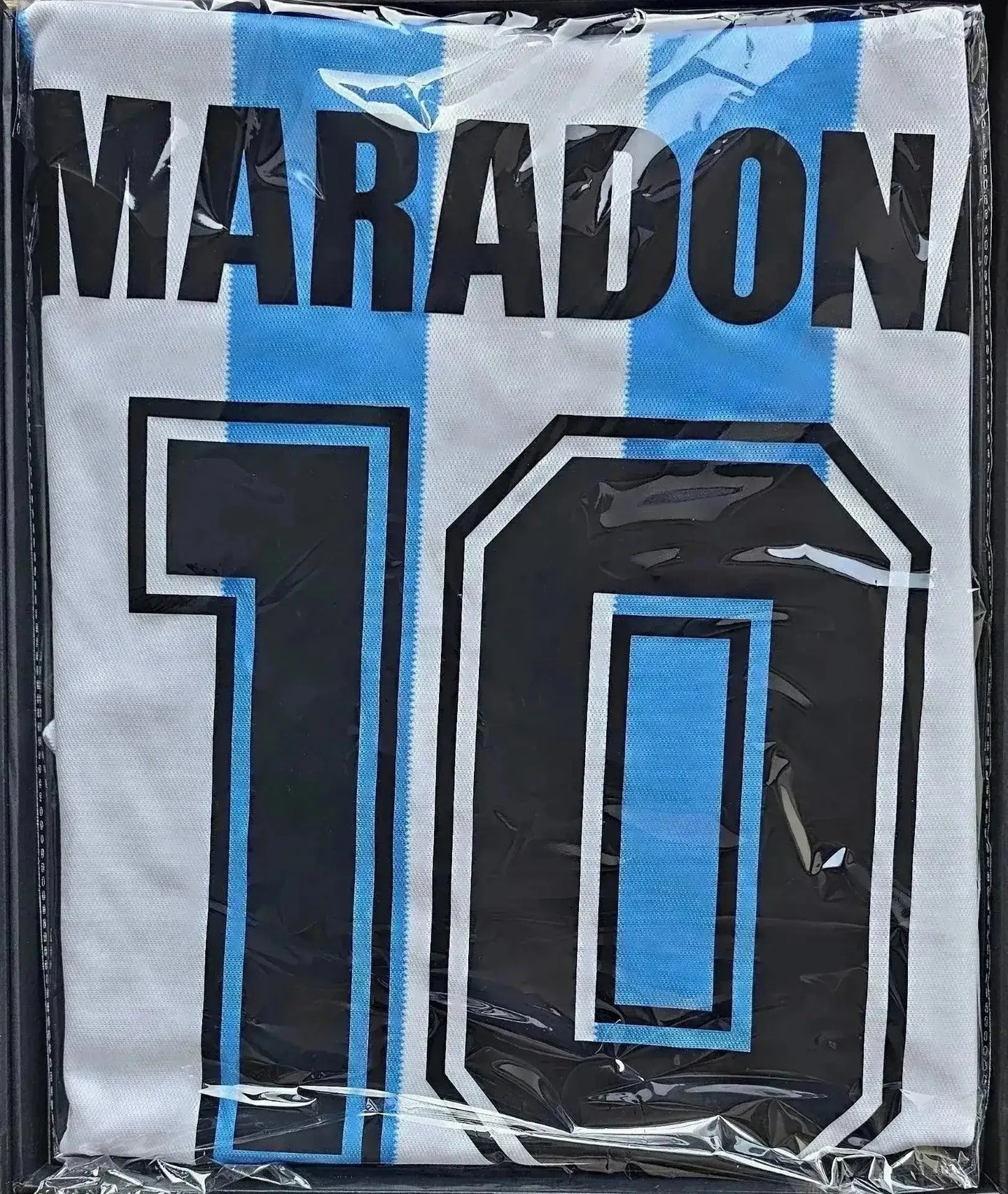 Back view showing Maradona, No. 10, on the Argentina soccer jersey in blue and white stripes.