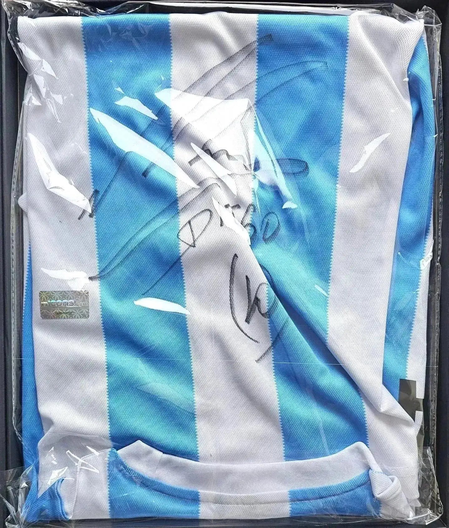 Front view of signed soccer jersey featuring blue and white stripes, with the signature of Maradona and No. 10.